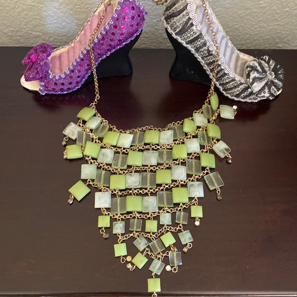 Studio Barse Jewelry - Multi Layered Green Dyed Agate and Gold Toned Chain Beaded Necklace.